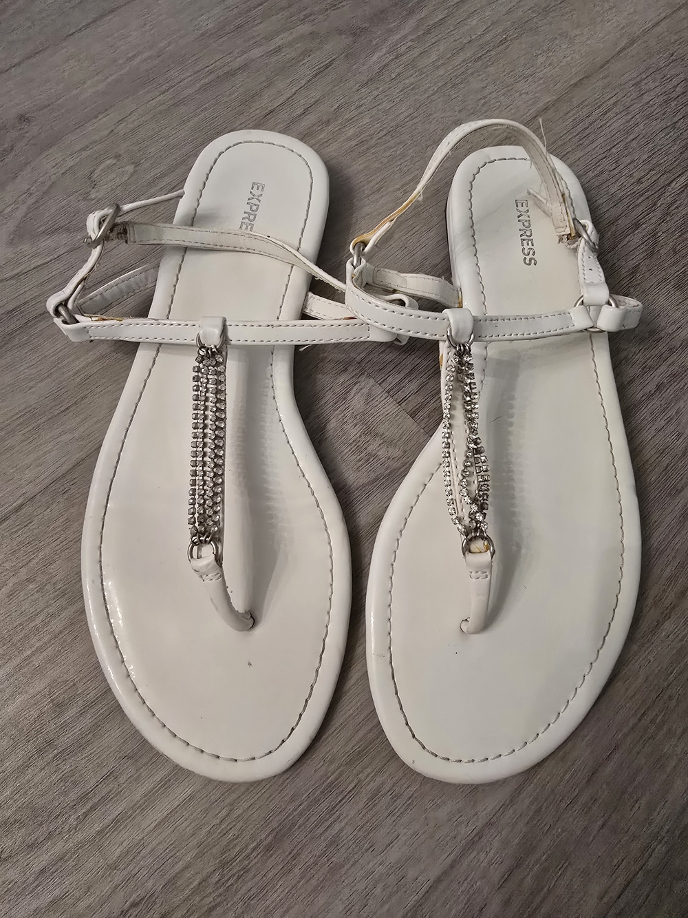 Express White T-Strap Sandals with Crystal Chain